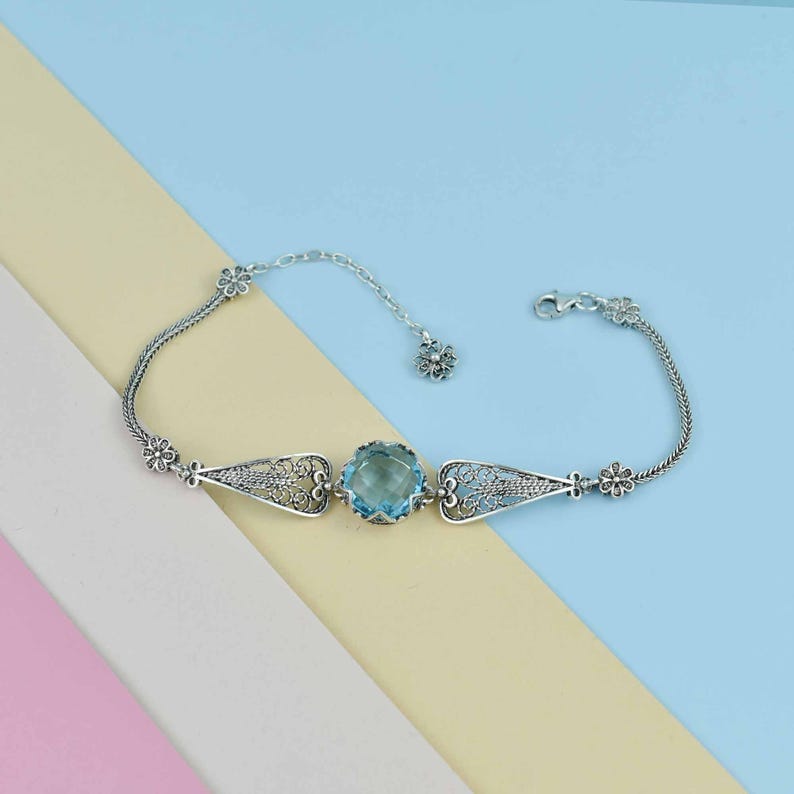 Blue Topaz Silver Gothic Dark Aesthetic Bracelet, Unique Handmade Edgy Charm Bracelet Gift, Victorian Retro Women Statement Jewelry