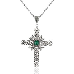 Malachite 925 Sterling Silver Cross Boho Pendant Necklace, Handcrafted Filigree Cross Pendant Necklace with 20 &quot; Chain
