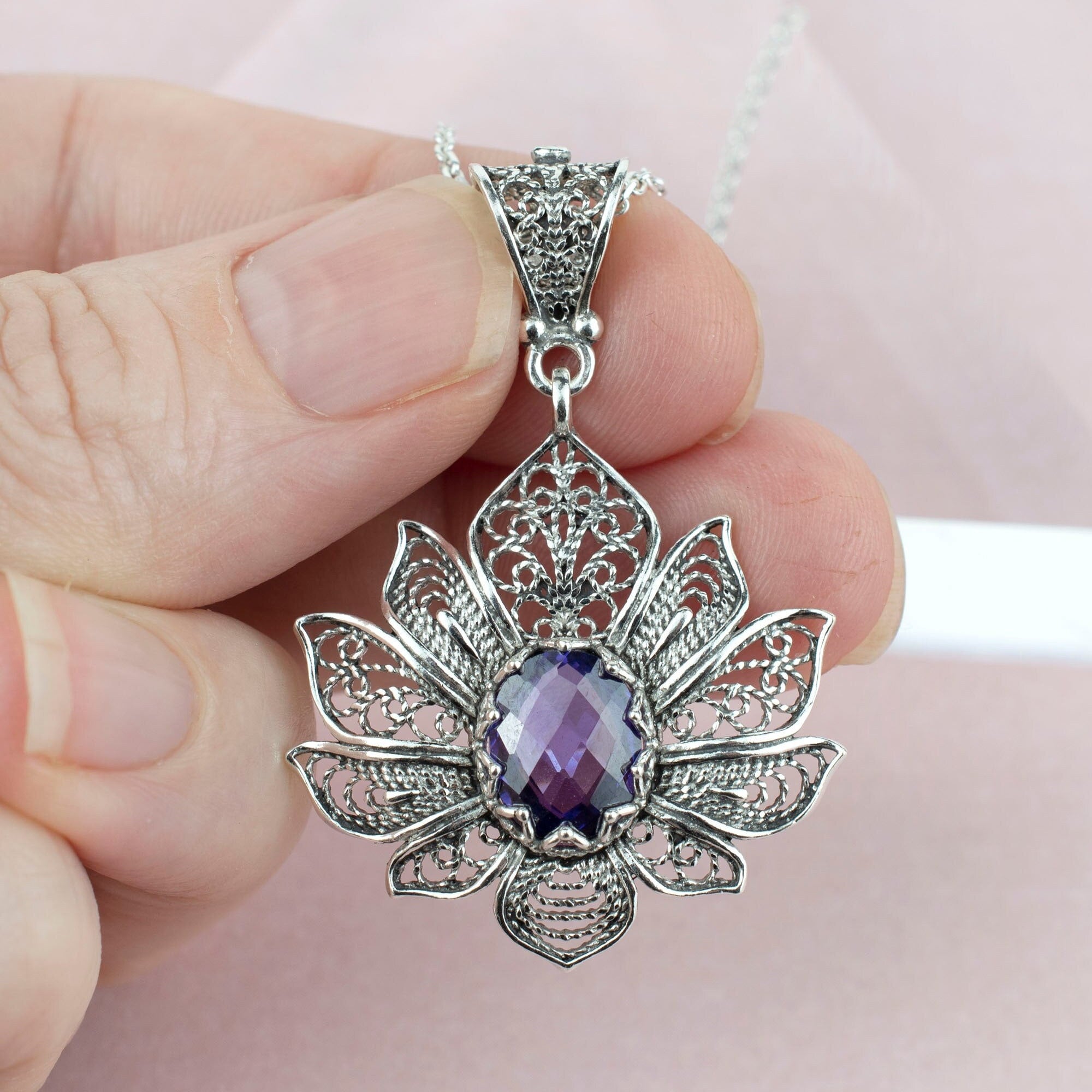 18 W/2  925 Sterling Silver Extender Chain and Lotus Charm Pendant -  Purple Lotus Jewelry