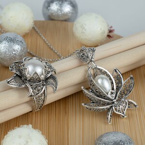 Pearl 925 Sterling Silver Filigree Art Lotus Flower Women Cocktail Ring - Pendant Necklace Jewelry Set, Handmade Solid Silver Jewelry Set image 6