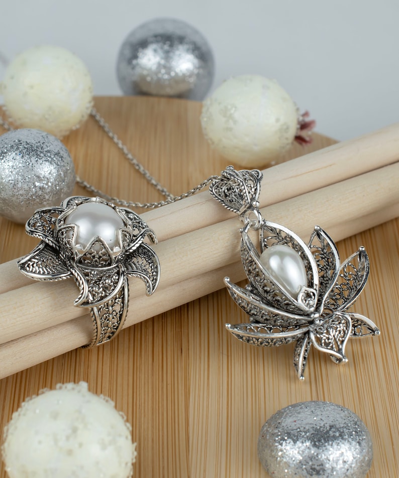 Pearl 925 Sterling Silver Filigree Art Lotus Flower Women Cocktail Ring - Pendant Necklace Jewelry Set, Handmade Solid Silver Jewelry Set image 6
