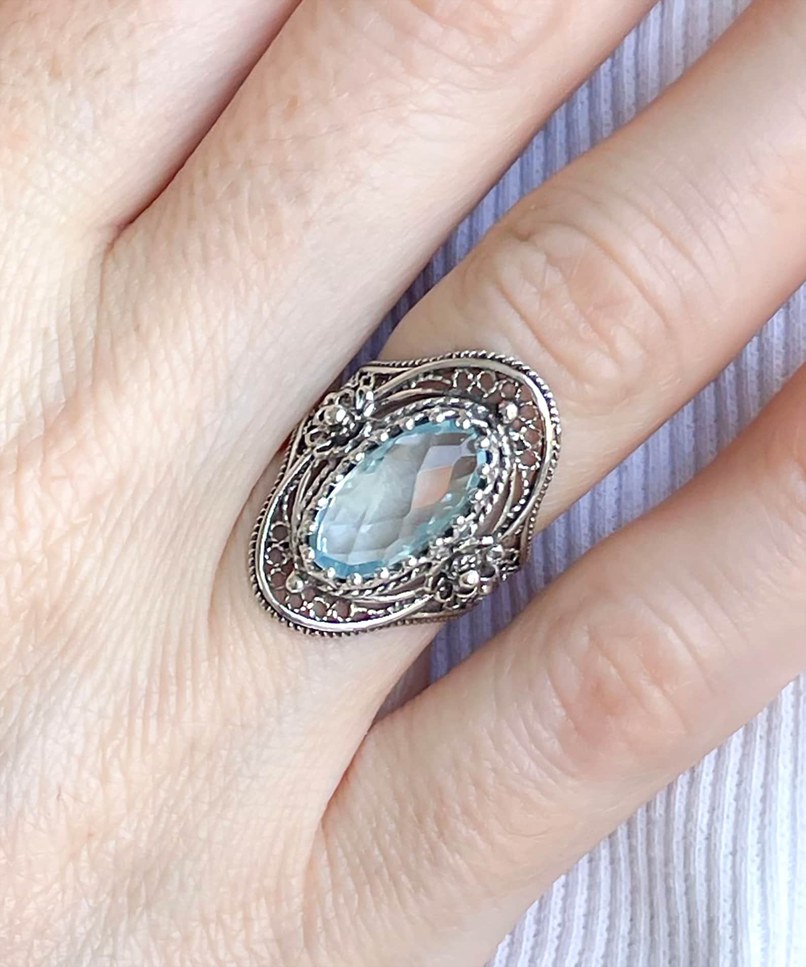 925 Sterling Silver Blue Topaz Women Cocktail Oval Ring, Artisan Made ...