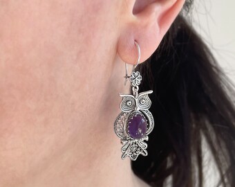 Sterling Silver Owl Filigree Earrings & Necklace Set - Dangle Drop Jewelry With Gemstone Options