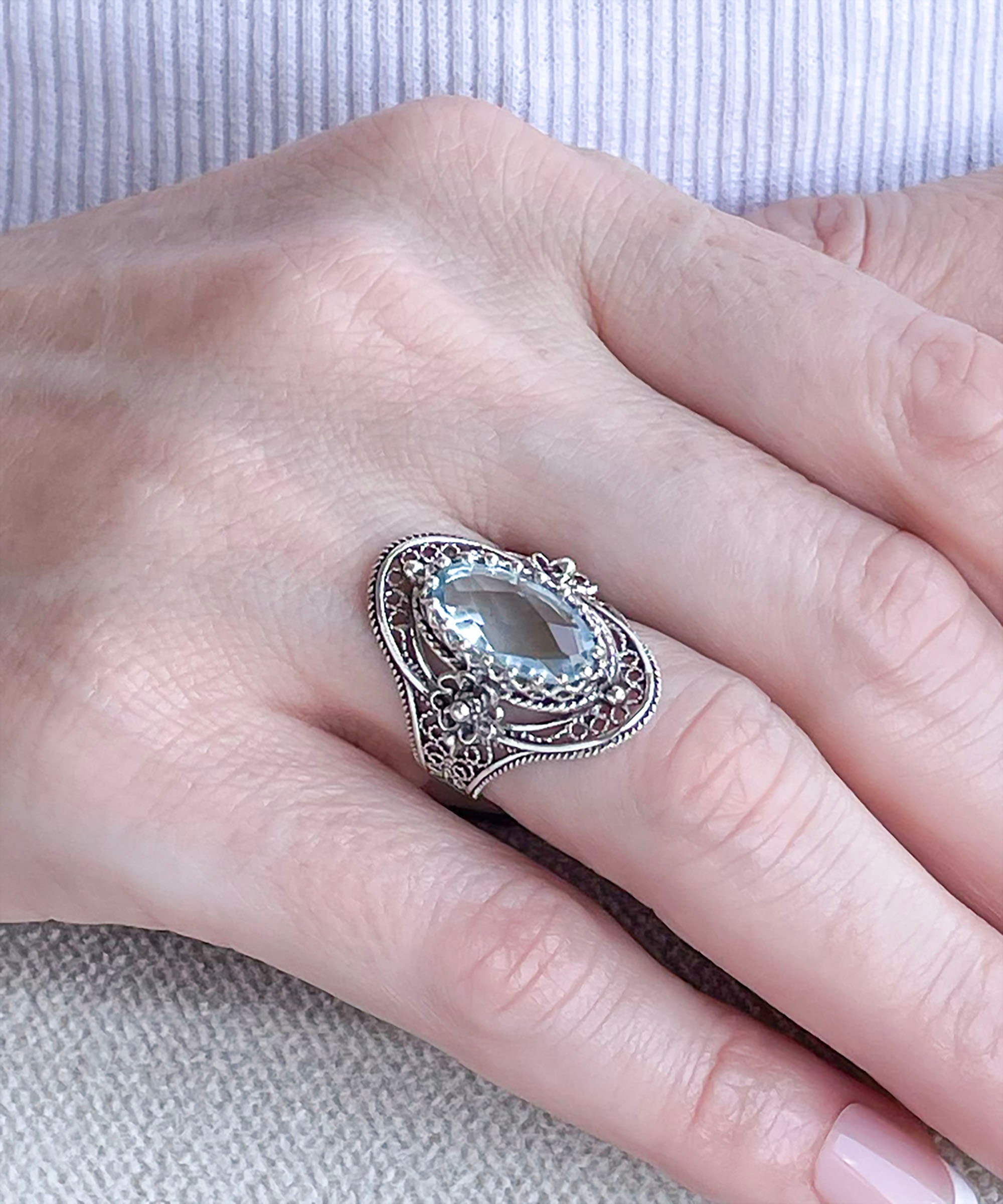 925 Sterling Silver Blue Topaz Women Cocktail Oval Ring, Artisan Made ...