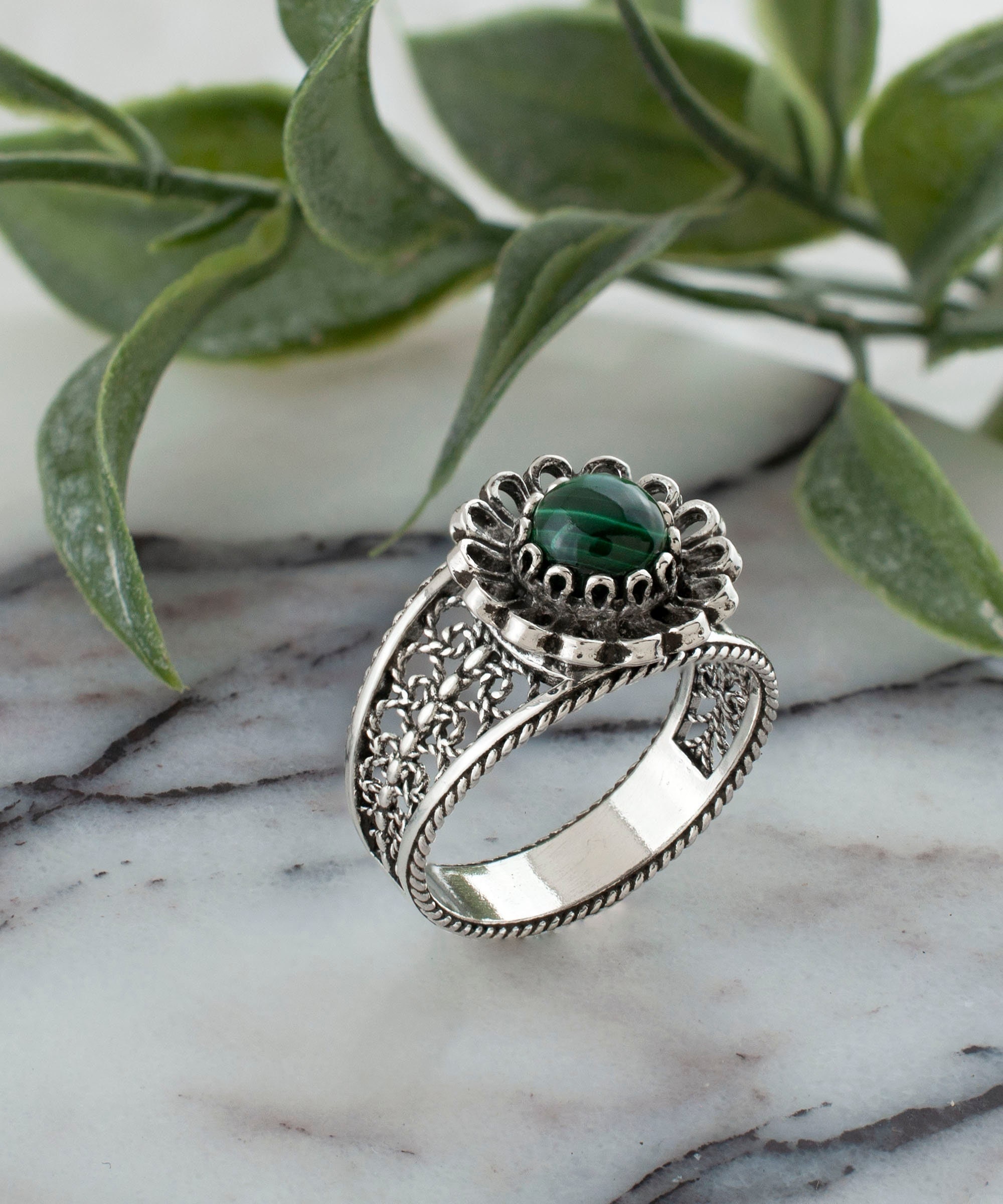 925 Sterling Silver Filigree Women Daisy Cocktail Ring, Malachite Gemstone Everyday Use Ring, Size 5-12.5, Gift Boxed