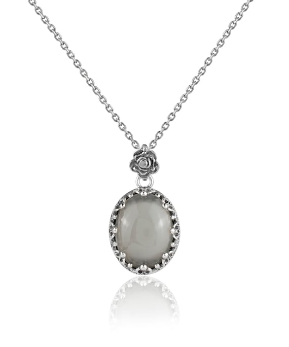 925 Sterling Silver Gray Moonstone Gemstone Necklace, Solid