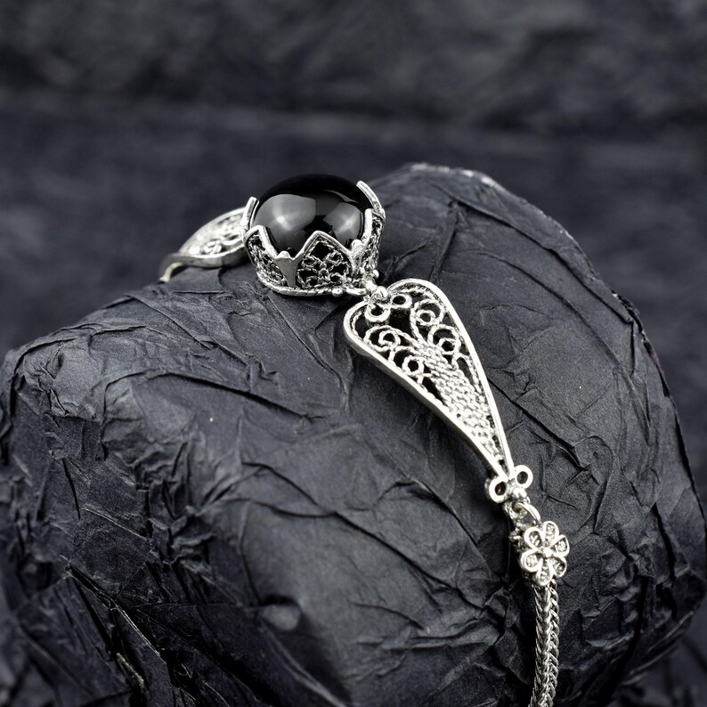 Black Onyx Silver Gothic Dark Aesthetic Bracelet, Unique Handmade Edgy Charm Bracelet Gift, Victorian Retro Women Statement Jewelry