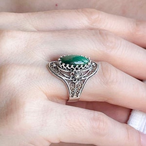 Malachite Gemstone 925 Sterling Silver Woman Cocktail Oval Ring, Artisan Made Handcrafted Filigree Art Statement Ring, Gift Boxed