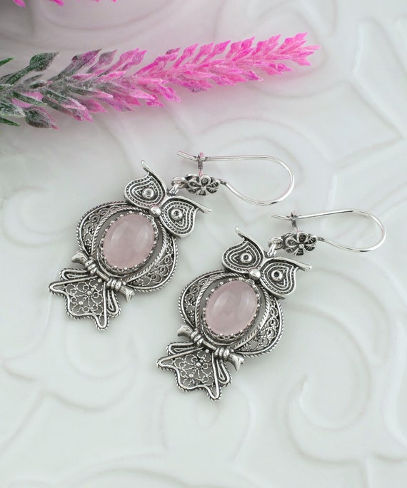 Orecchini pendenti al quarzo rosa in argento sterling 925 set