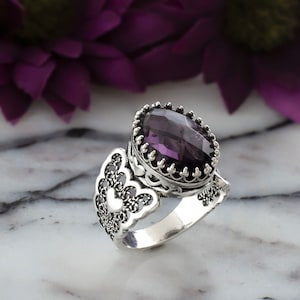 YoTreasure Sterling Silver Amethyst Three Stone Ring - Filigree Design February Birthstone Ring For Women