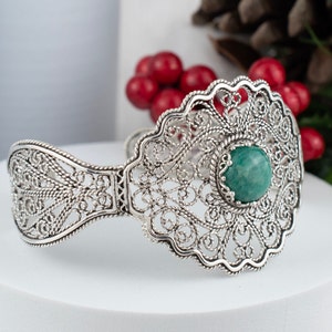 925 Sterling Silver Women Filigree Cuff Bracelet, Handmade Solid Silver Lace Detailed Turquoise - Rose Quartz Gemstone Adjustable Bracelet