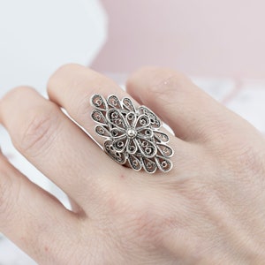 Filigree Art Sterling Silver Woman Statement Ring, Flower Detailed Womans Cocktail Ring