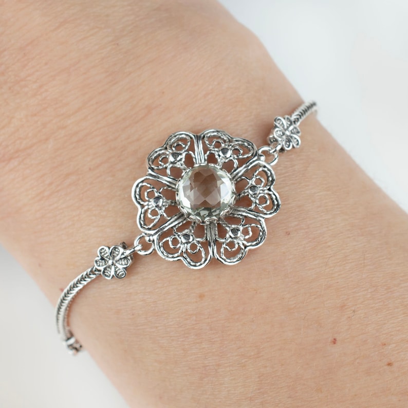 Prasiolite Gemstone Clover Flower Sterling Silver Woman Link Bracelet, Filigree Art Adjustable Charm Bracelet, Birthday Gift Her