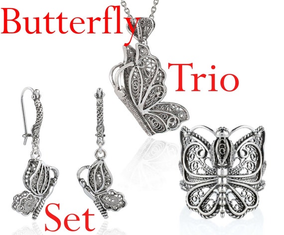 925 Sterling Silver Filigree Butterfly Pendant Necklace, Dangle Drop Earrings, Cocktail Ring Set, Handmade Solid Silver Trio Jewelry Set