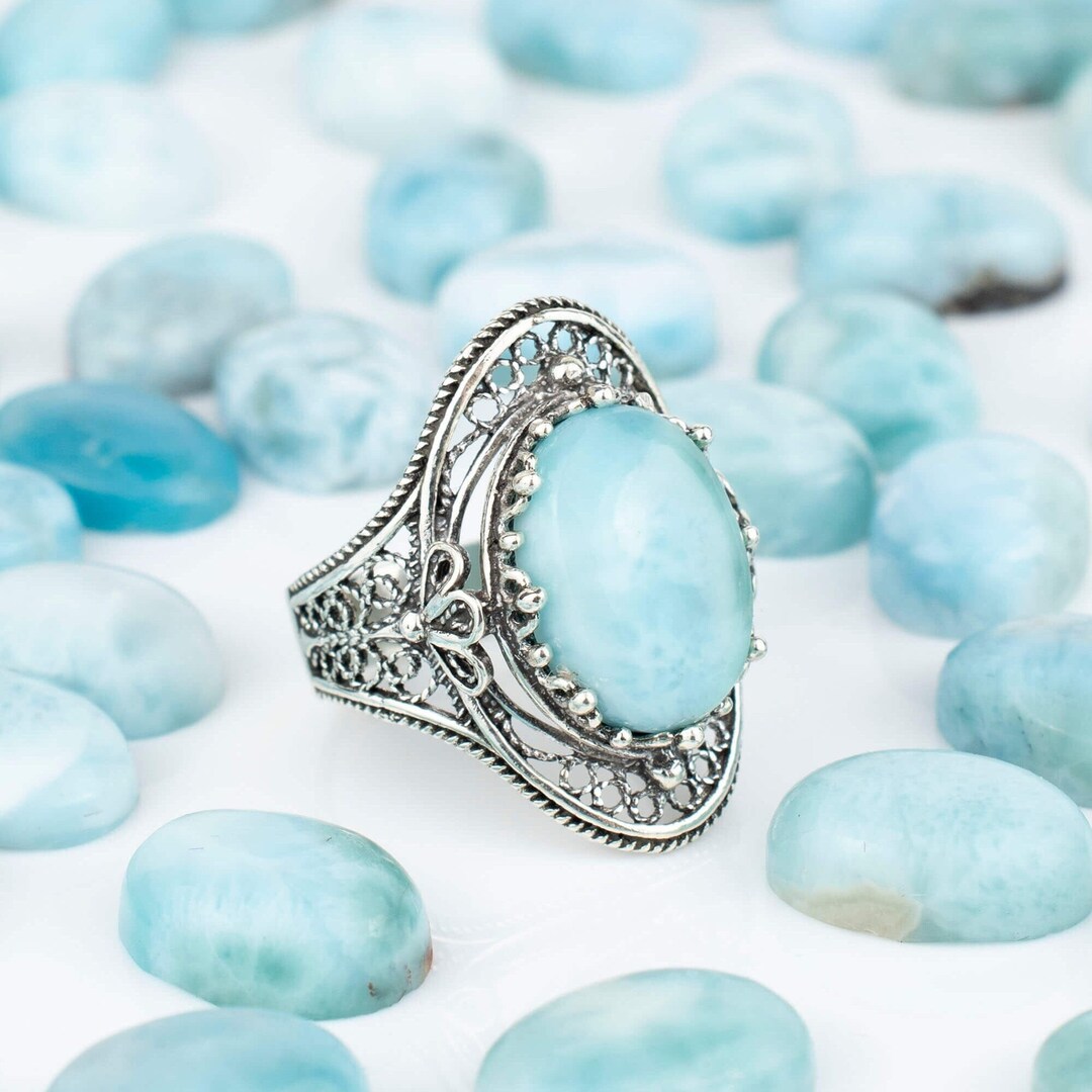 Natural Larimar Gemstone 925 Sterling Silver Ring - Handmade Jewelry For Women - All Sizes Available (SE-1058)