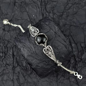 Black Onyx Silver Gothic Dark Aesthetic Bracelet, Unique Handmade Edgy Charm Bracelet Gift, Victorian Retro Women Statement Jewelry