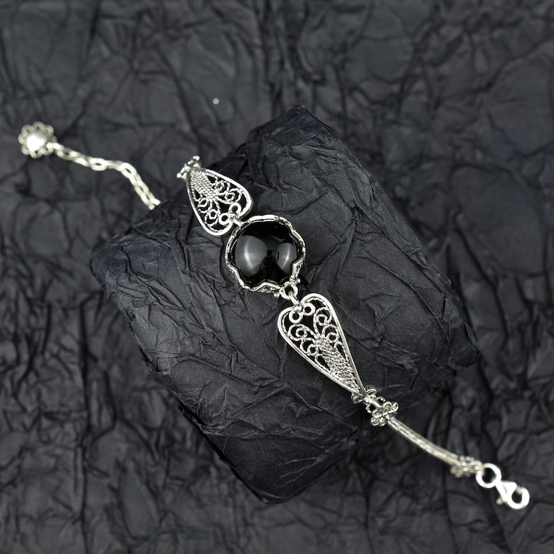 Black Onyx Silver Gothic Dark Aesthetic Bracelet, Unique Handmade Edgy Charm Bracelet Gift, Victorian Retro Women Statement Jewelry