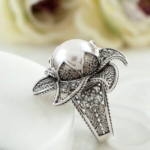 Pearl 925 Sterling Silver Filigree Art Lotus Flower Women Cocktail Ring - Pendant Necklace Jewelry Set, Handmade Solid Silver Jewelry Set image 3