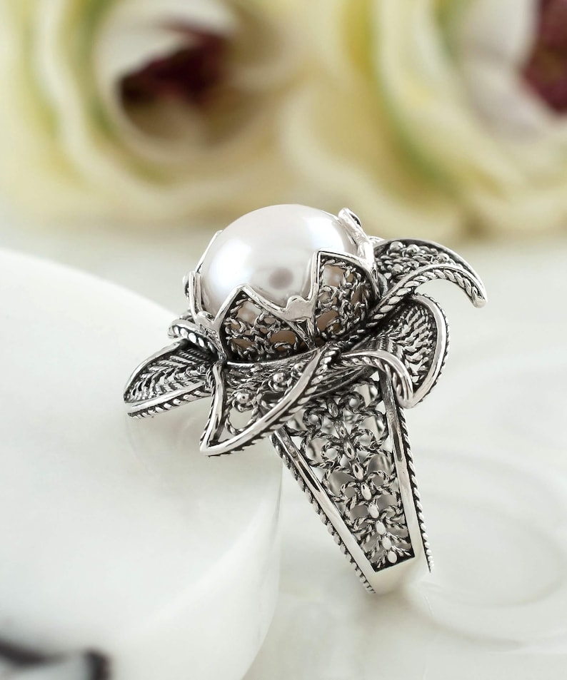 Pearl 925 Sterling Silver Filigree Art Lotus Flower Women Cocktail Ring - Pendant Necklace Jewelry Set, Handmade Solid Silver Jewelry Set image 3
