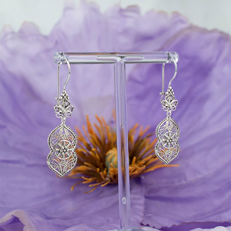 925 Sterling Silver Earrings Artisan Handcrafted Paisley Art Filigree Style Dangle Drop Earrings image 4