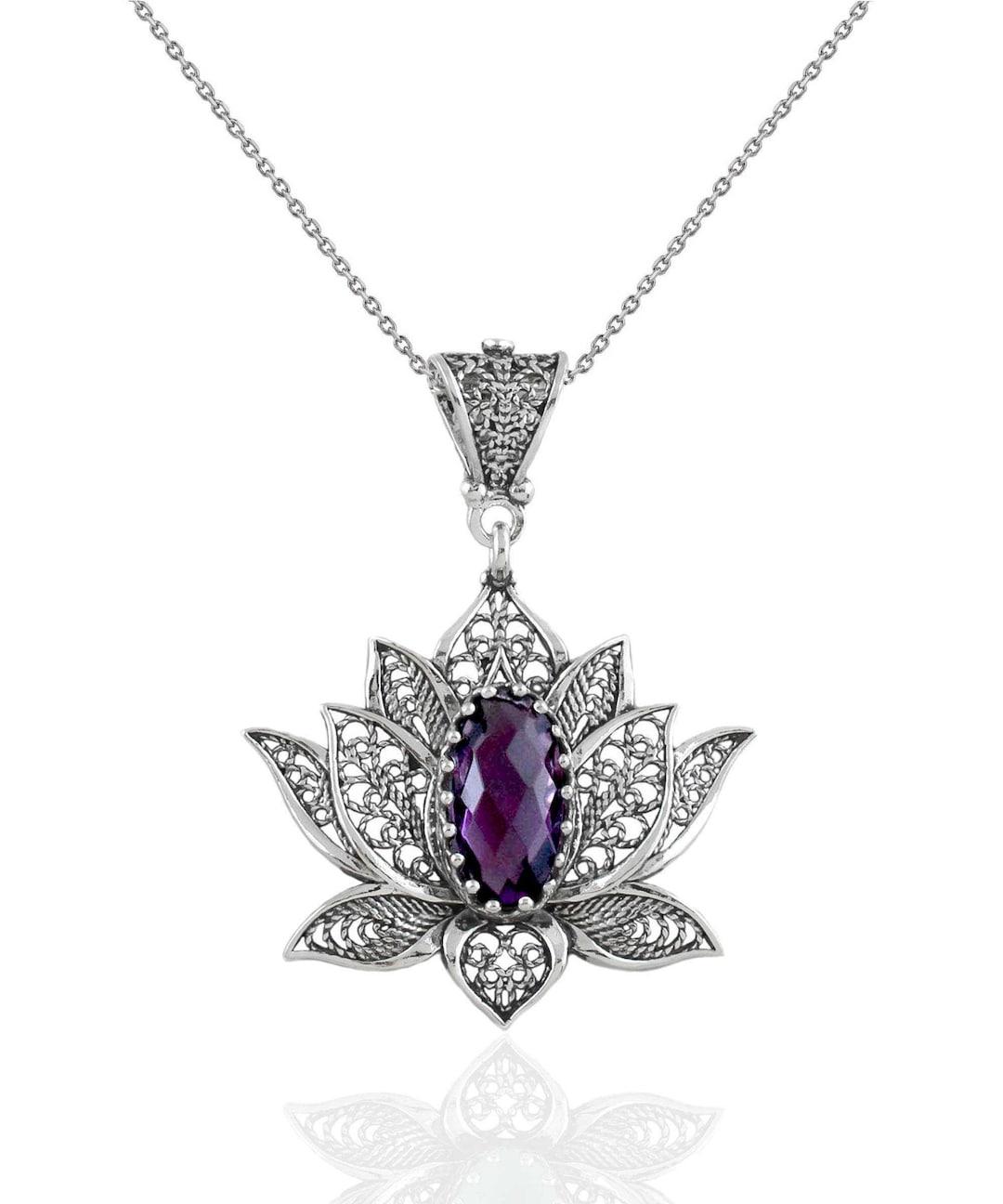 925 Sterling Silver Filigree Lotus Flower Pendant Necklace, Handmade