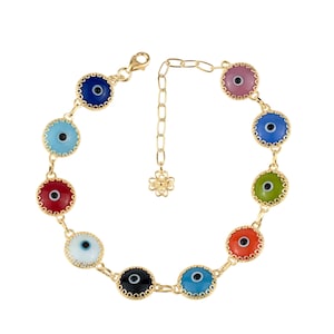 Gold Plated Sterling Silver Solid Multicolor Evil Eye Bracelet for Women and Girls