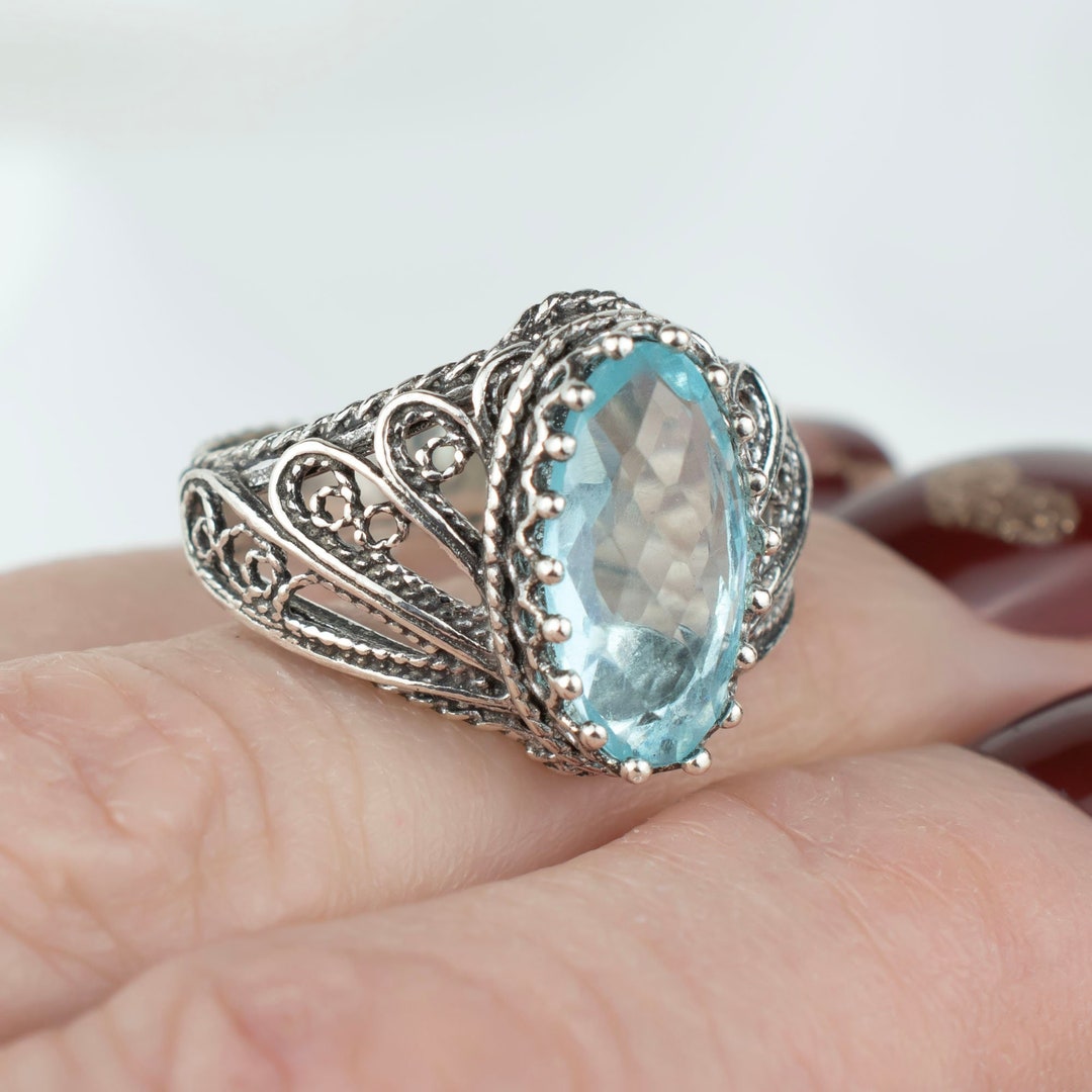 925 Sterling Silver Blue Topaz Gemstone Women Cocktail Ring, Solid ...