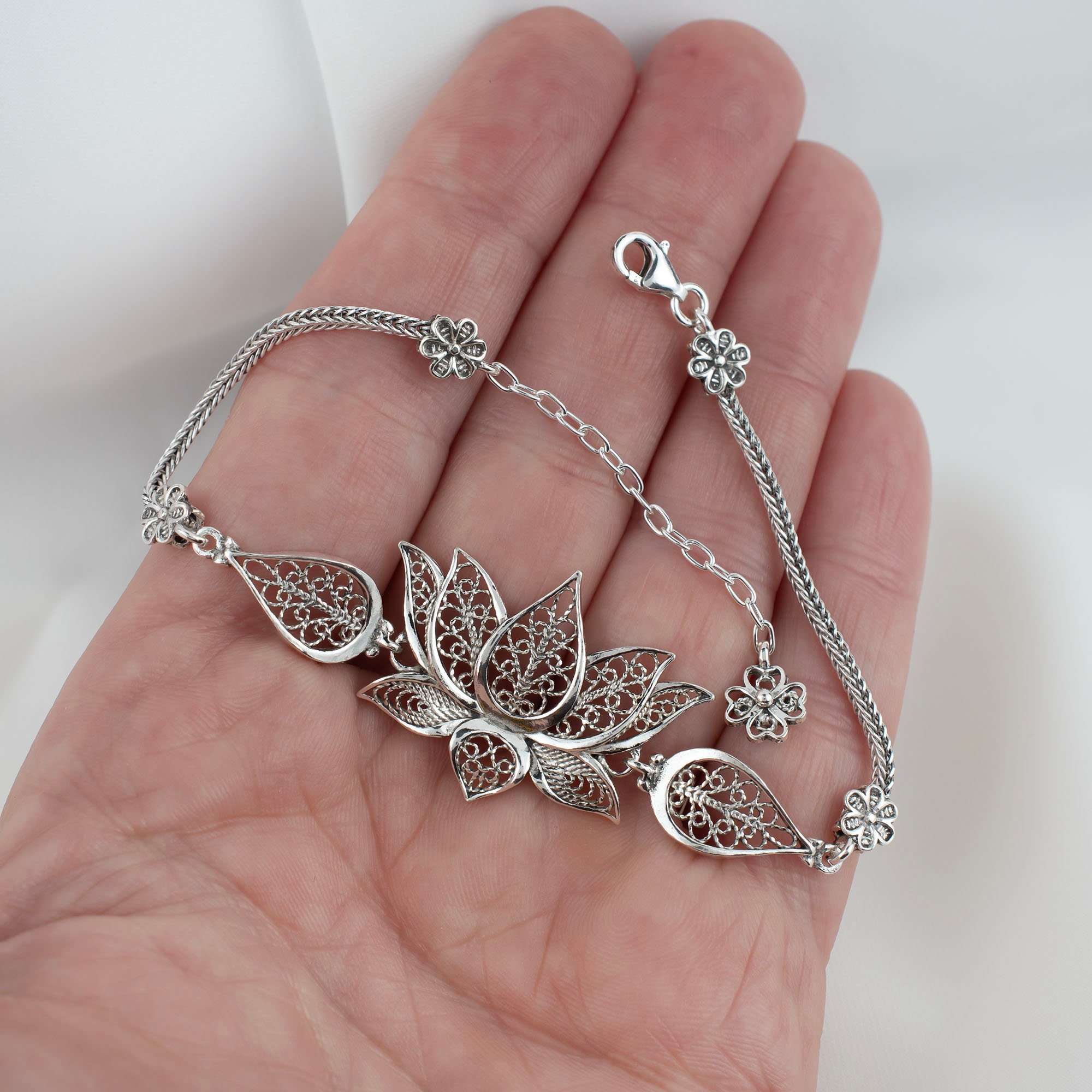Lotus Flower Sterling Silver Woman Link Bracelet, Filigree Lotus Flower Sterling Silver Woman Link Bracelet, Filigree