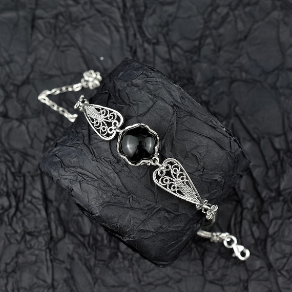 Black Onyx Silver Gothic Dark Aesthetic Bracelet, Unique Handmade Edgy Charm Bracelet Gift, Victorian Retro Women Statement Jewelry