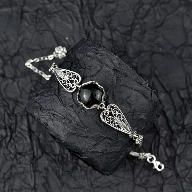 Black Onyx Silver Gothic Dark Aesthetic Bracelet, Unique Handmade Edgy Charm Bracelet Gift, Victorian Retro Women Statement Jewelry