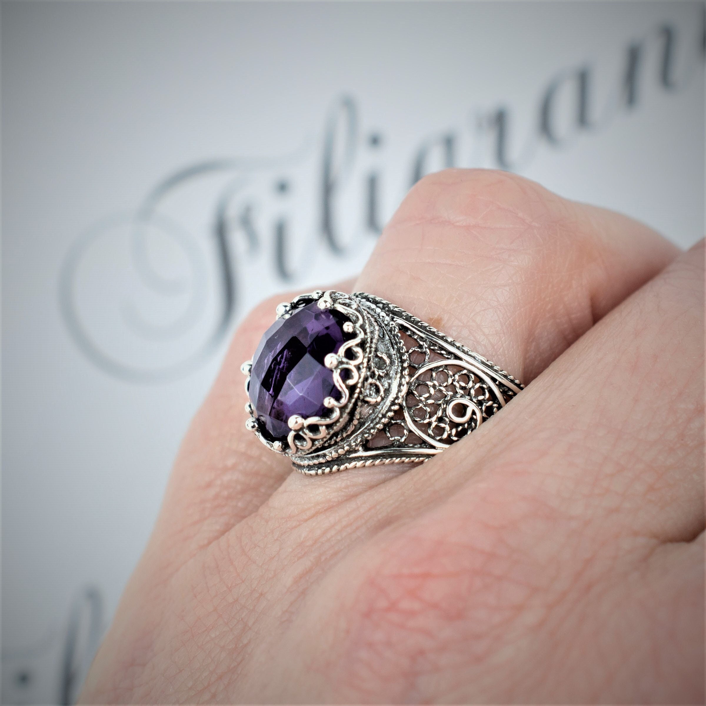 Amethyst 925 Sterling Silver Women Cocktail Ring, Artisan Made Handcrafted  Filigree Art Statement Women Ring - Etsy