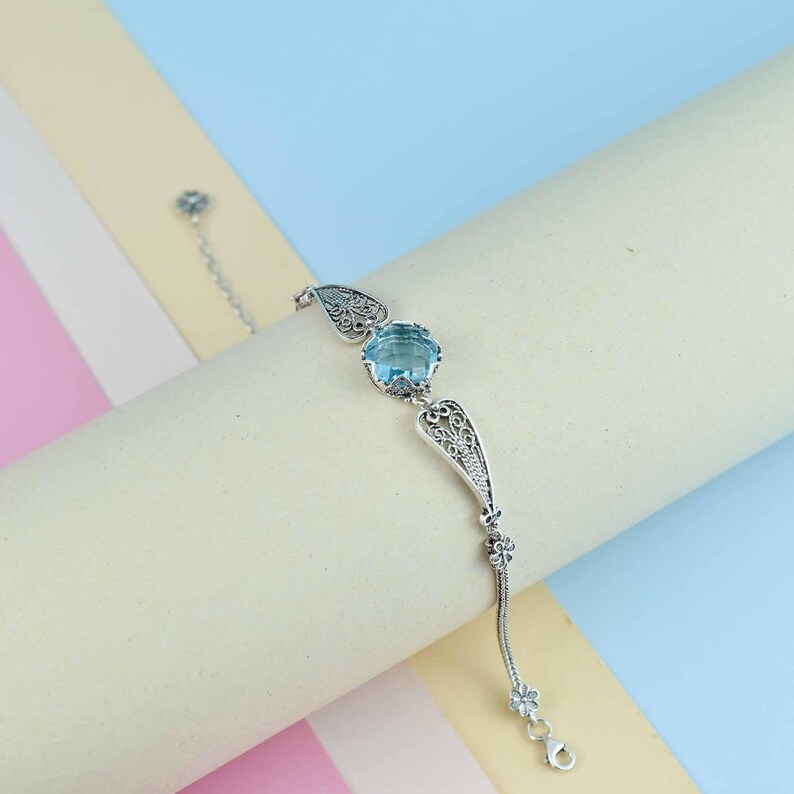Blue Topaz Silver Gothic Dark Aesthetic Bracelet, Unique Handmade Edgy Charm Bracelet Gift, Victorian Retro Women Statement Jewelry