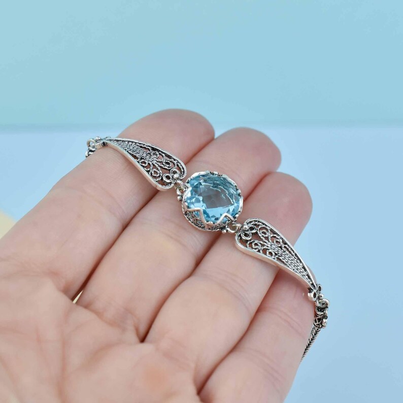 Blue Topaz Silver Gothic Dark Aesthetic Bracelet, Unique Handmade Edgy Charm Bracelet Gift, Victorian Retro Women Statement Jewelry