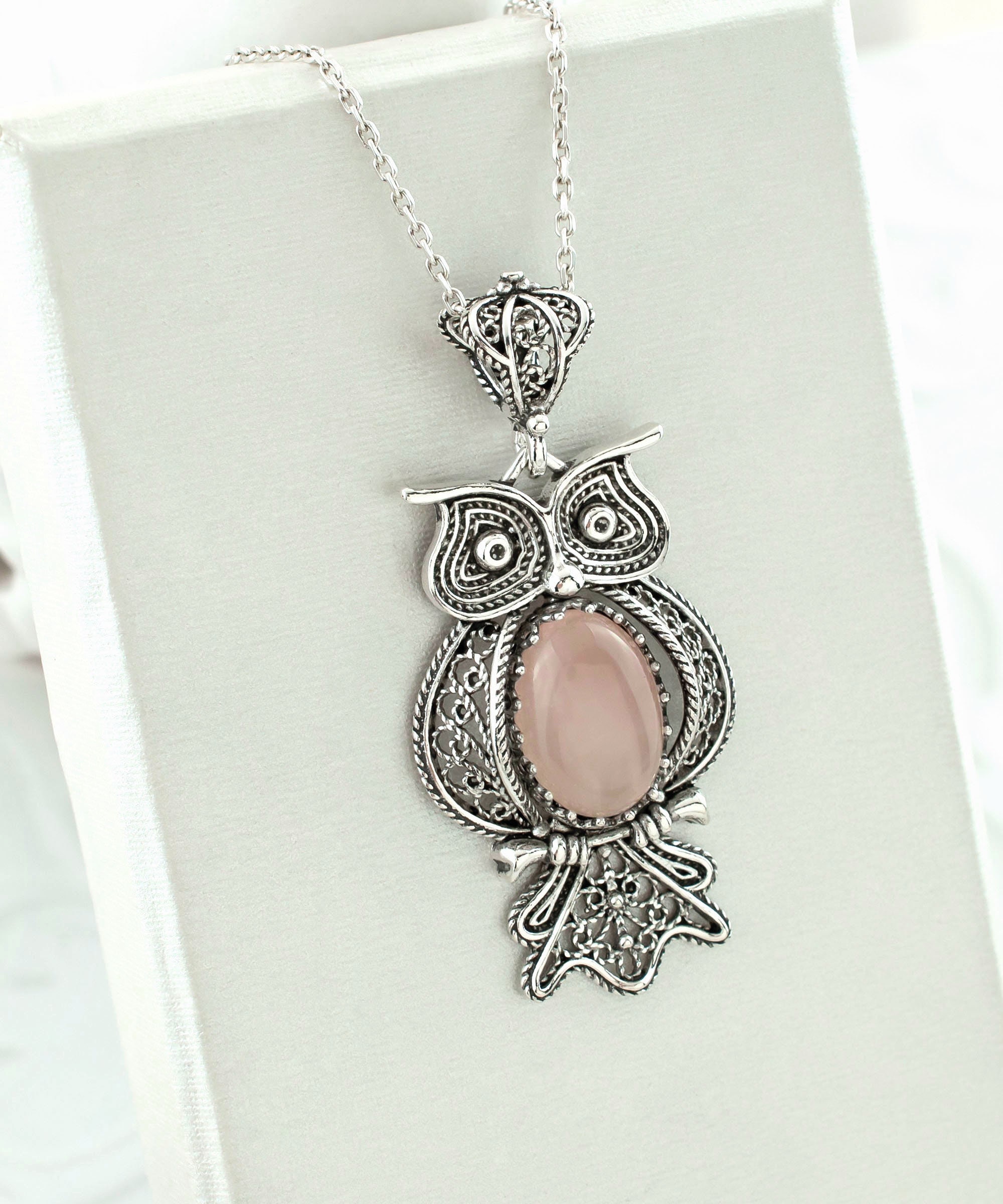 925 Sterling Silver Filigree Art Owl Design Rose Quartz Women Pendant Necklace, 18"+2" Sil
