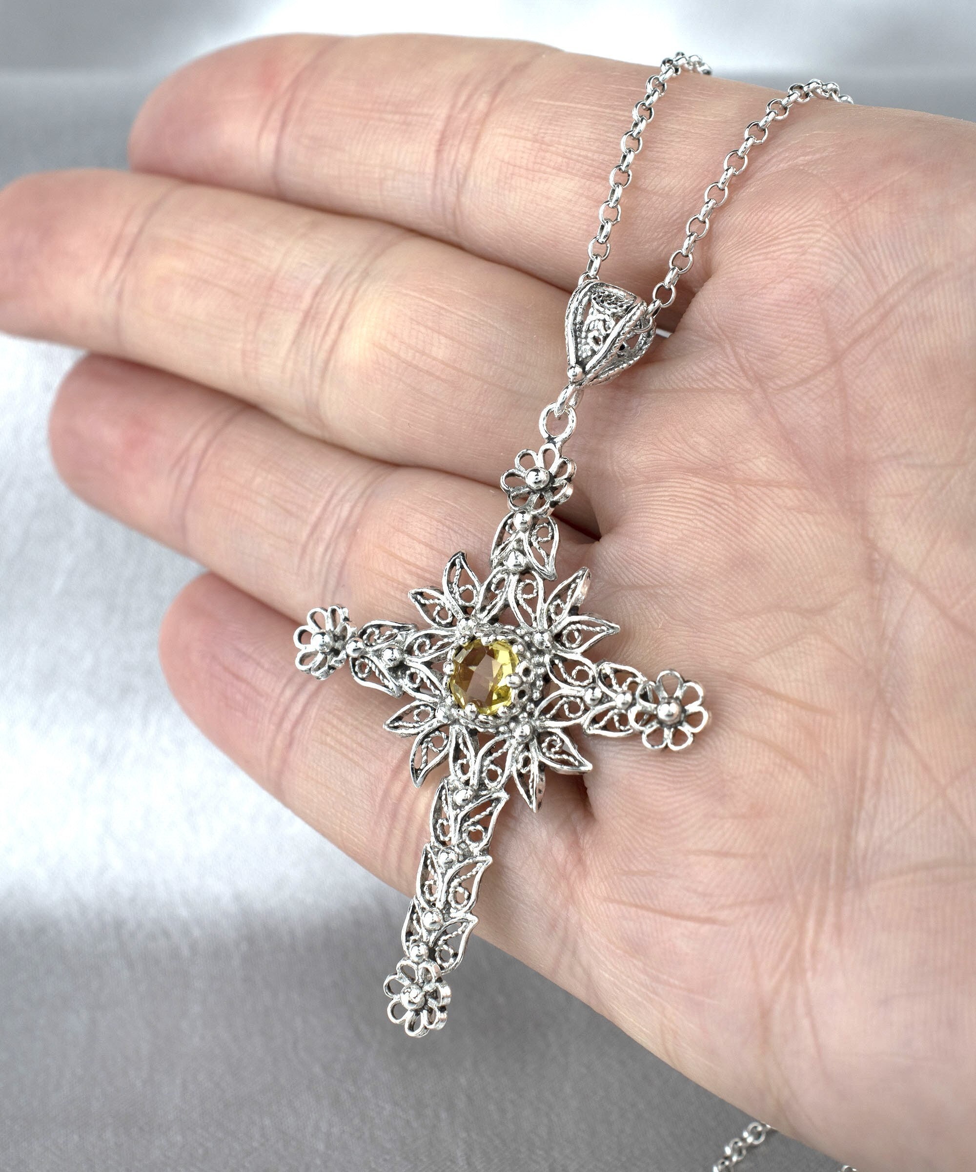 925 Sterling Silver Citrine Gemstone Cross Pendant Solid Silver Yellow Stone Cross Pendant Necklace Handmade Dainty Filigree Cross Pendant Etsy