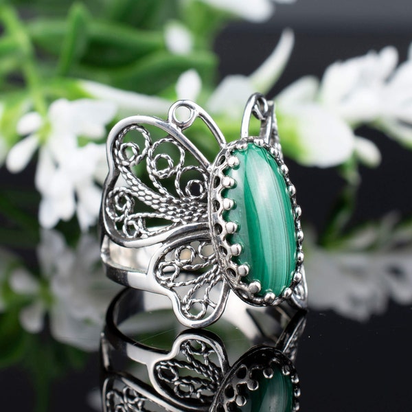 Malachite Sterling Silver Butterfly Ring Handcrafted Filigree Art Women Cocktail Ring