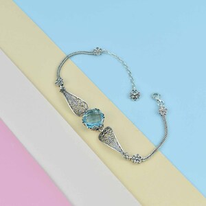 Blue Topaz Silver Gothic Dark Aesthetic Bracelet, Unique Handmade Edgy Charm Bracelet Gift, Victorian Retro Women Statement Jewelry