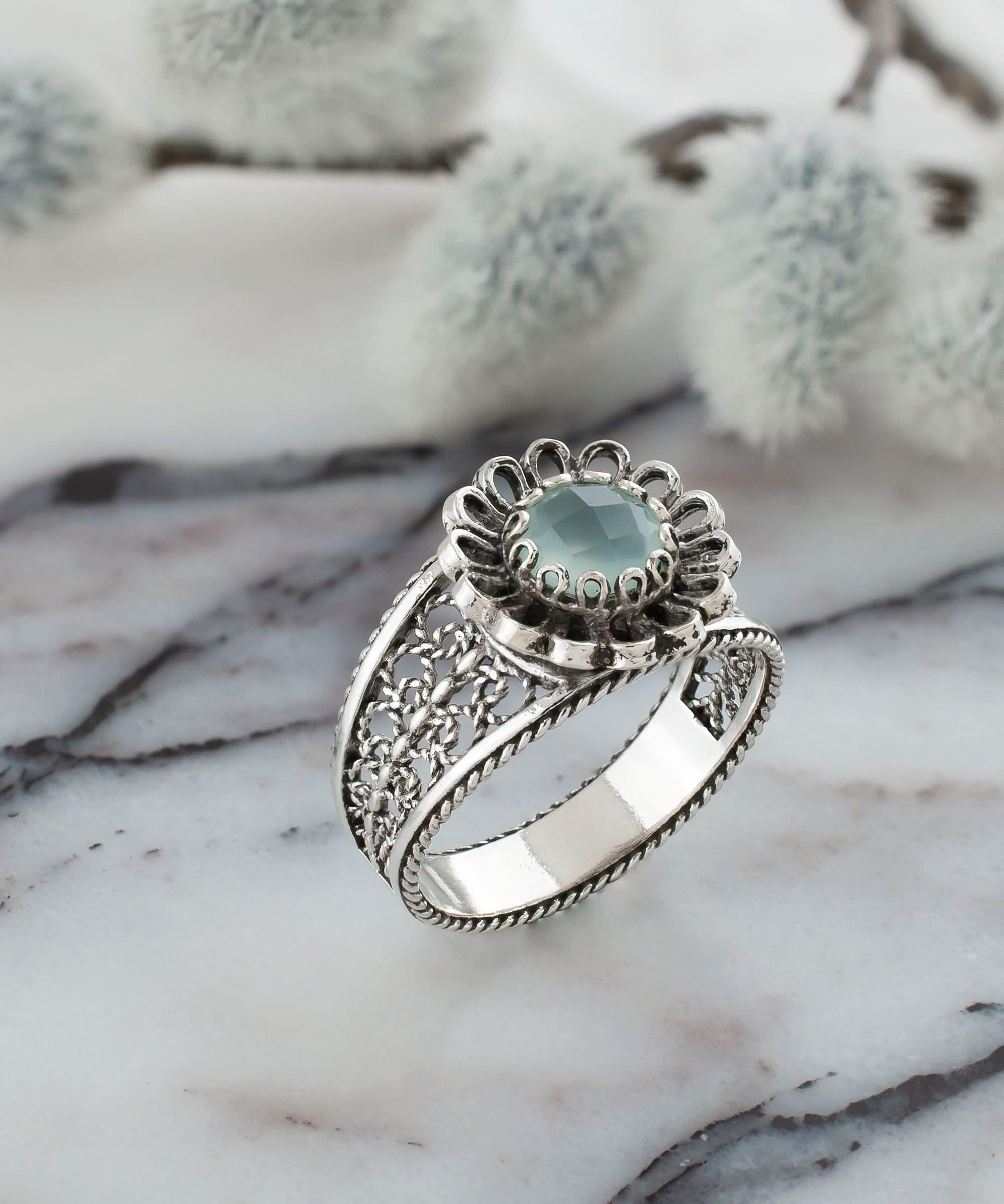 925 Sterling Silver Filigree Women Daisy Cocktail Ring, Aqua