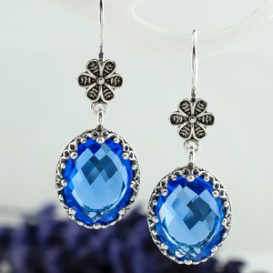 Filigree Art 925 Sterling Silver Women Dangle Drop Earrings, Solid Silver Handmade Chandelier Mother of Pearl Gemstone Women Earrings Blue Quartz