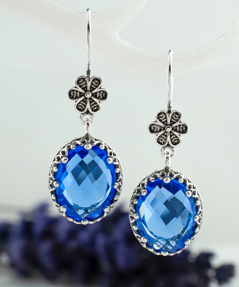 Filigree Art 925 Sterling Silver Women Dangle Drop Earrings, Solid Silver Handmade Chandelier Mother of Pearl Gemstone Women Earrings Blue Quartz