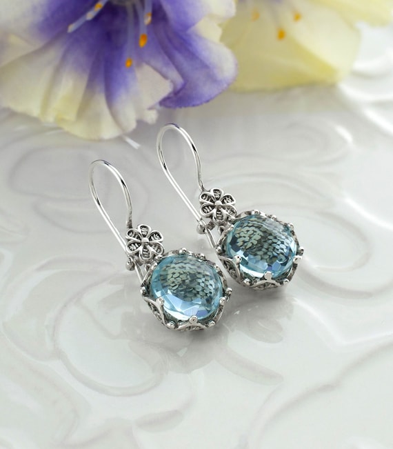 Blue Topaz Earrings Filigree Drop Sterling Silver Blue Topaz Earrings Filigree Drop Sterling Silver