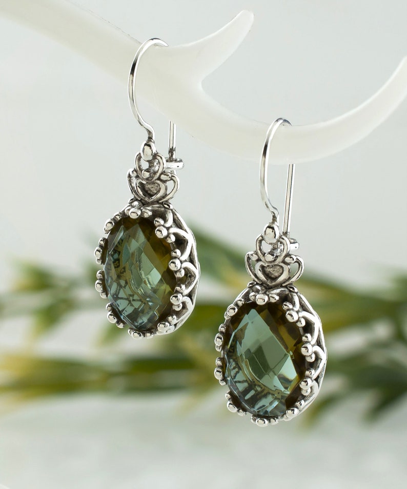 Alexandrite Gemstone Sterling Silver Handmade Filigree Art Women Oval Drop Earrings, Amethyst, Blue Topaz, Citrine, Ruby Crown Earrings