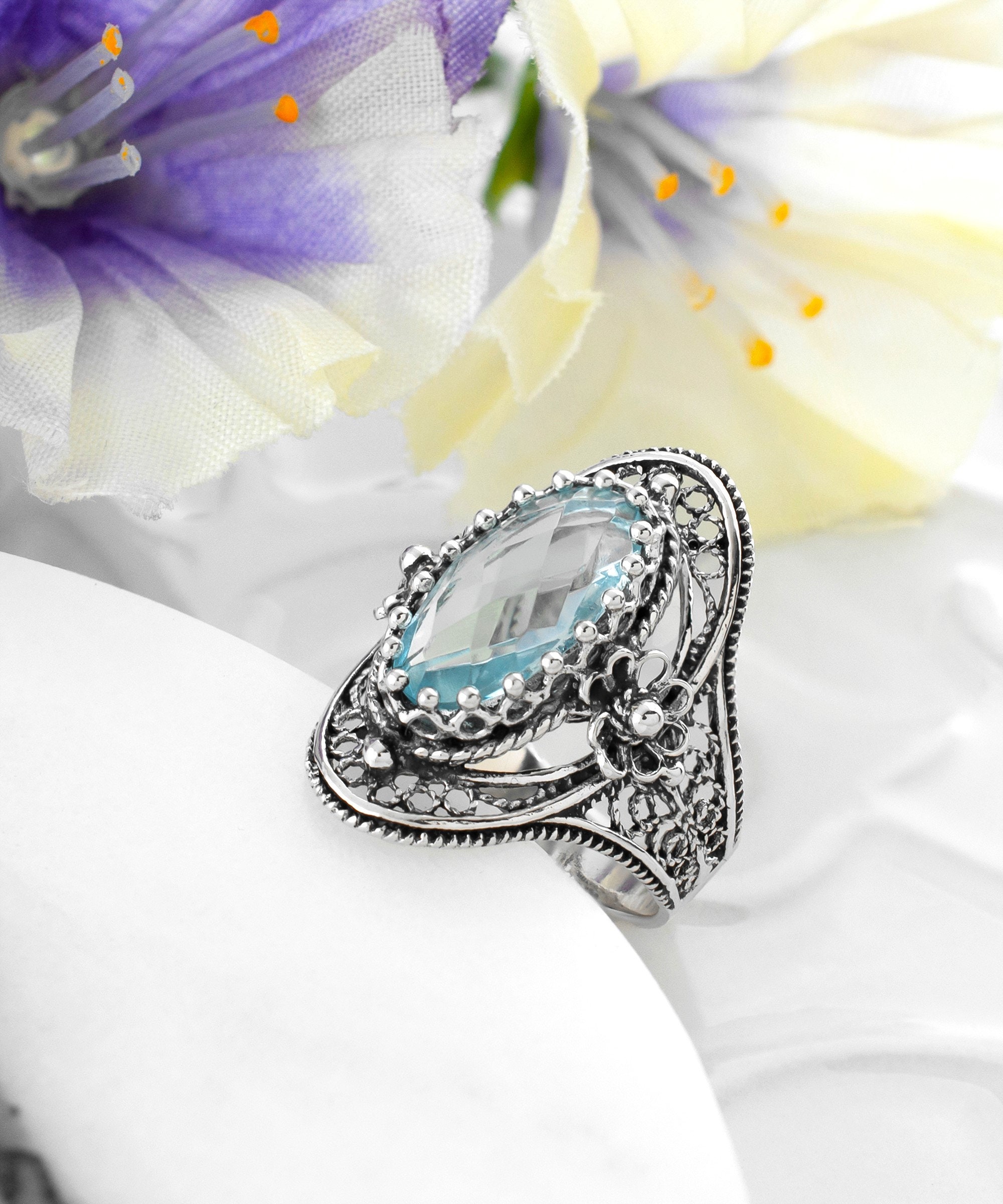 925 Sterling Silver Blue Topaz Women Cocktail Oval Ring, Artisan Made ...