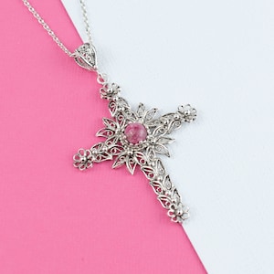 Rhodonite 925 Sterling Silver Cross Pendant, Handmade Solid Silver Cross Pendant Necklace, Christian Religious Handmade Filigree Pendant