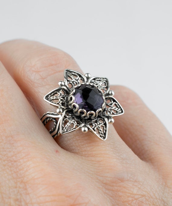 925 Sterling Silver Filigree Women Daisy Flower Cocktail Ring, Amethyst /  Black Rutile Gemstone Everyday Use Ring, Size 5-12.5, Gift Boxed - Etsy