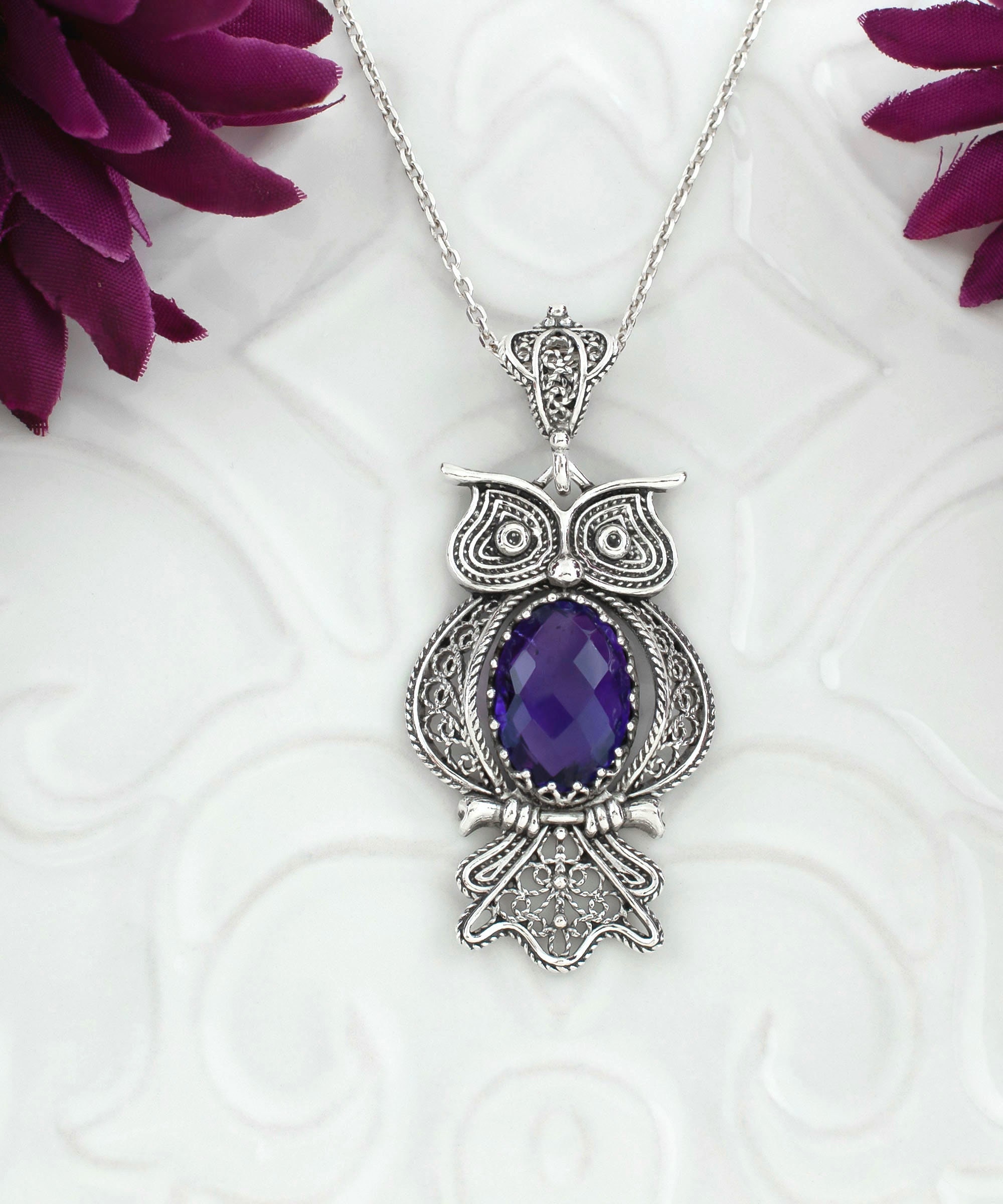925 Sterling Silver Filigree Art Owl Design Amethyst Women Pendant Necklace, Solid Silver Mystery Ch