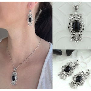 Owl Figured 925 Sterling Silver Filigree Art Black Onyx Gemstone Women Dangle Earrings - Pendant Necklace, Solid Silver Handmade Jewelry Set