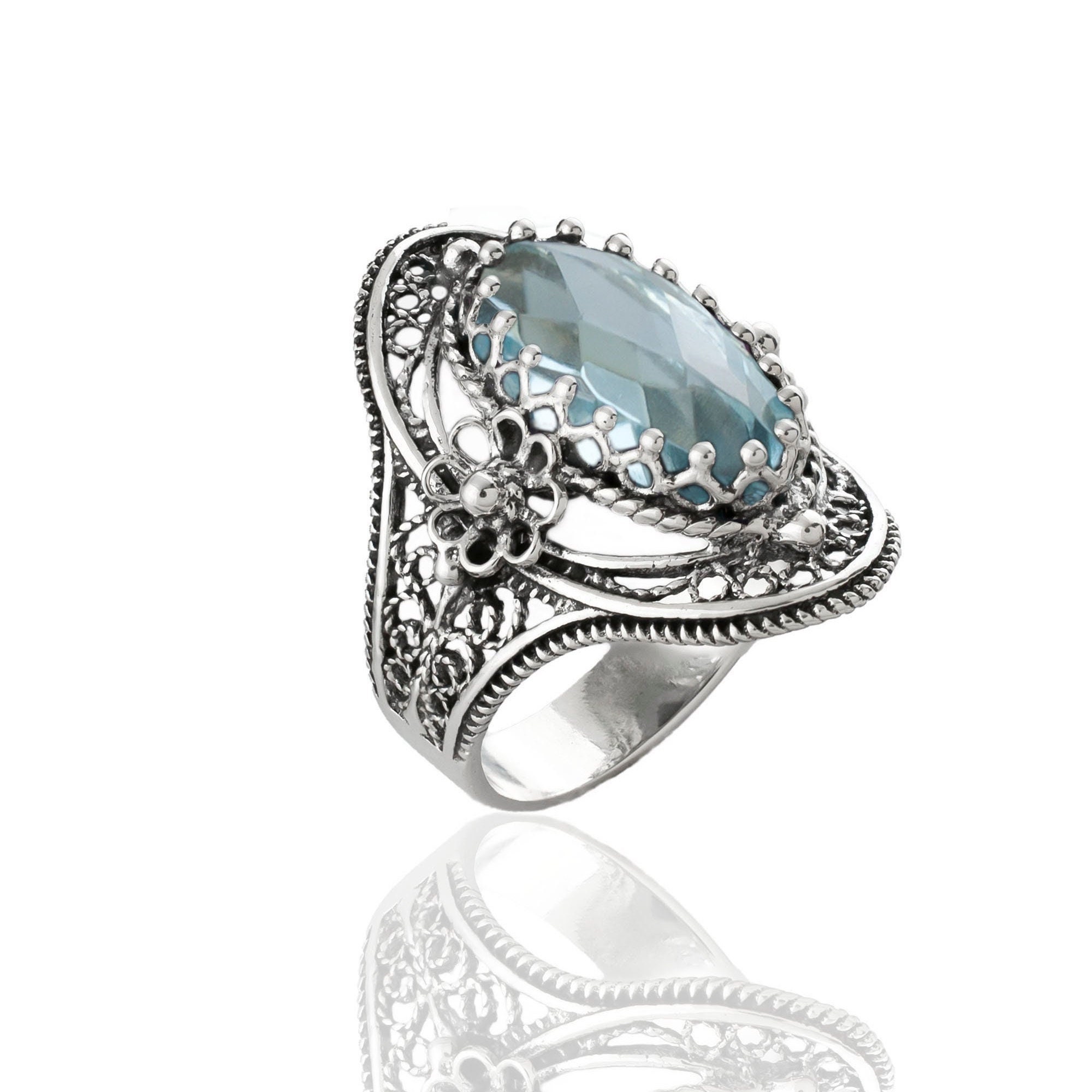 925 Sterling Silver Blue Topaz Women Cocktail Oval Ring, Artisan Made ...