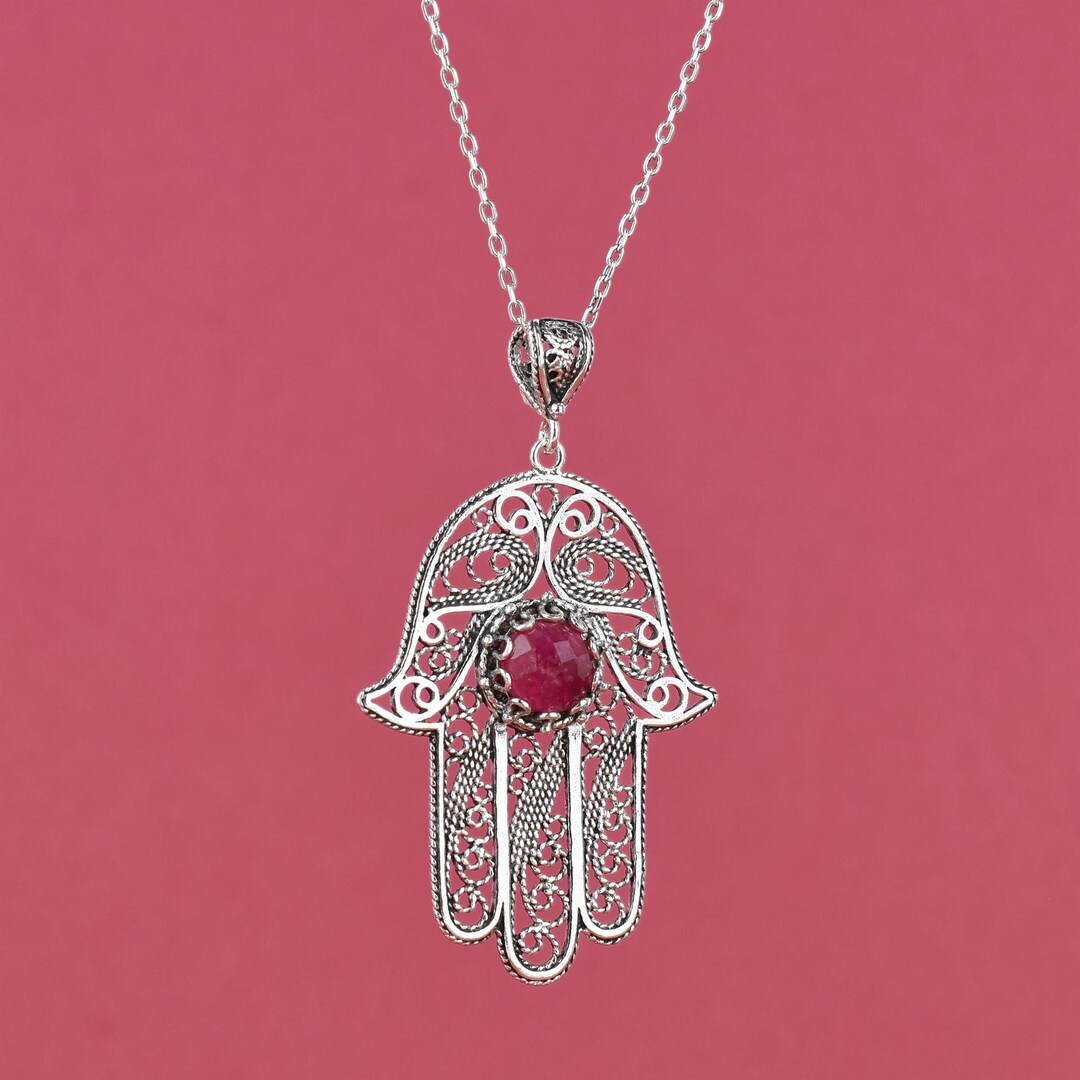 Silver Ruby Hand of God Hamsa Large Charm Necklace, Red Corundum ...