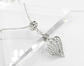 Filigree Art Heart Design 925 Sterling Silver Pendant Necklace, Artisan Made Heart Shaped Solid Silver Women Pendant Charm Necklace